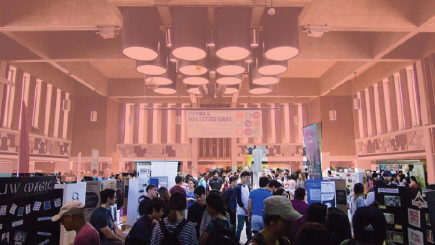 Clubs and societies days booth in the Student Life Centre Great Hall